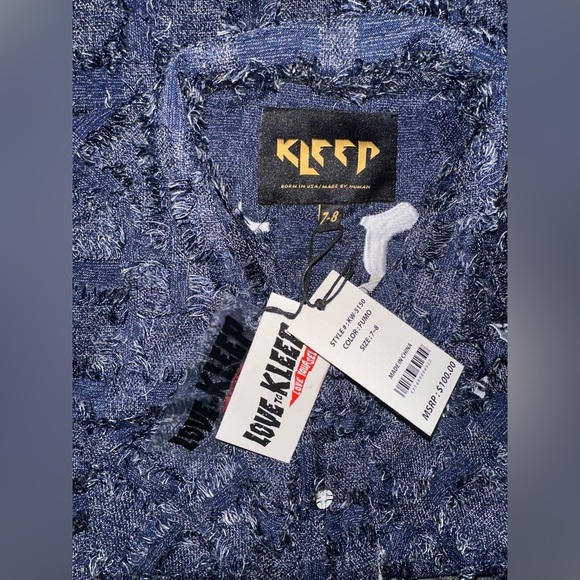NWT KLEEP Kids Boys Sz 7/8 Embroidered Light Weight Shirt Navy Fumo Button Down - Picture 4 of 10